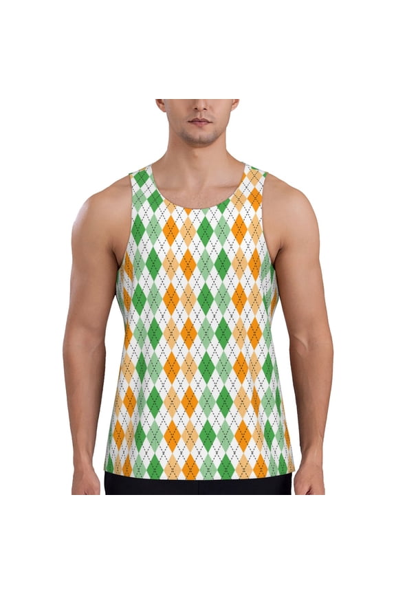 St. Patrick's day argyle Print Men's Tank Top Workout Quick Dry Sleeveless Gym Jogging Muscle Shirts Summer Swim Beach Tops-Medium