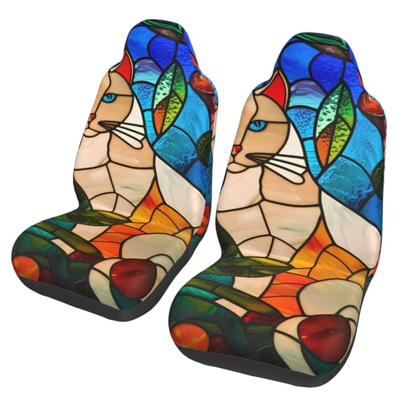 Xecao Stained Glass Cat Art Print Car Seat Cover in That Fits Most Cars, Vans, SUVs, and Trucks.