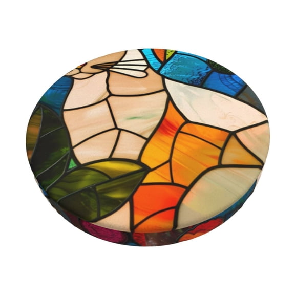 Xecao Stained Glass Cat Art Print Stool Covers Offer Stylish, Washable Protection for PU Round Bar Stools, Perfect for Home or Commercial Use.-13 inch