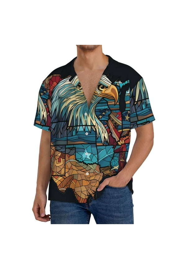 Stained Glass Eagle USA Men's Casual Short-sleeved Shirt, a button-up collared shirt with a pocket-X-Large