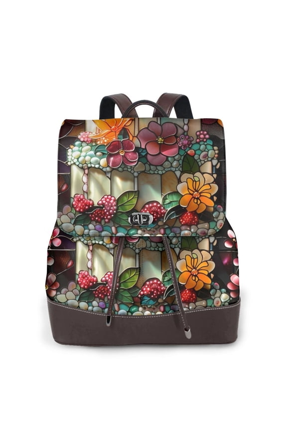 Stained Glass Floral Cake Print Large Backpack Soft Leather for Women Travel with Compartment, Adjustable Convertible Strap