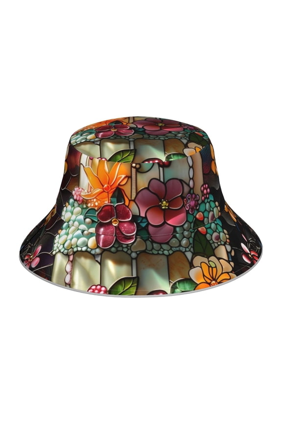 Stained Glass Floral Cake Print Men and Women Night Reflective Hat Runner Cap Visor Bucket Hat Boonie Cap