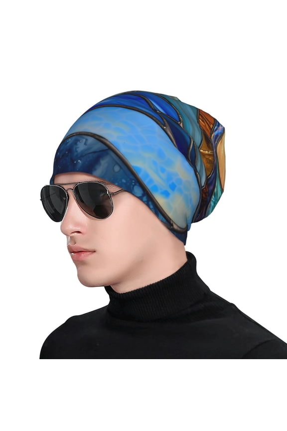 Stained Glass Ocean Wave Print Beanie Knitted Hat for Men Women, Winter Fashion Knit Cuffed Caps Unisex
