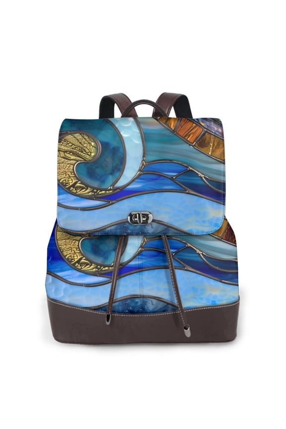 Stained Glass Ocean Wave Print Large Backpack Soft Leather for Women Travel with Compartment, Adjustable Convertible Strap