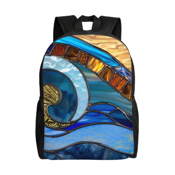 Xecao Stained Glass Ocean Wave Print School Backpack with Laptop Compartment Small Travel Laptop Backpack for Women Men Waterproof College Backpack Simple School Bag