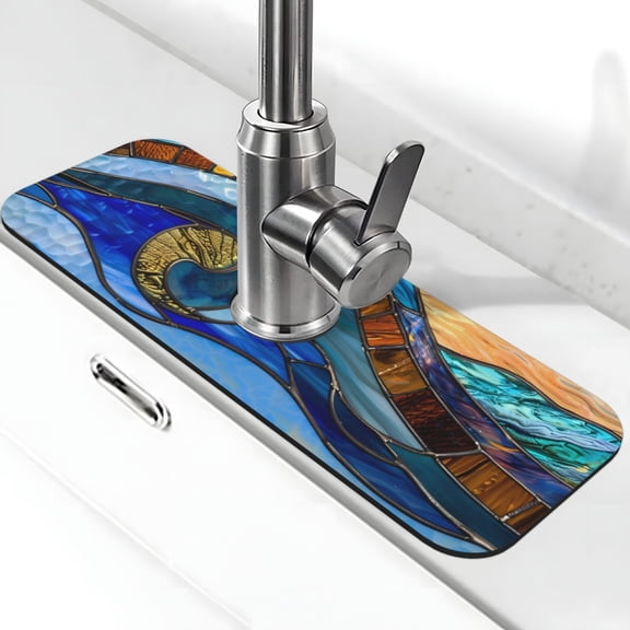 Xecao Stained Glass Ocean Wave for Kitchen Sink Splash Guard Faucet Mat , Faucet Guard & Draining mat, (15" X 5.5" )