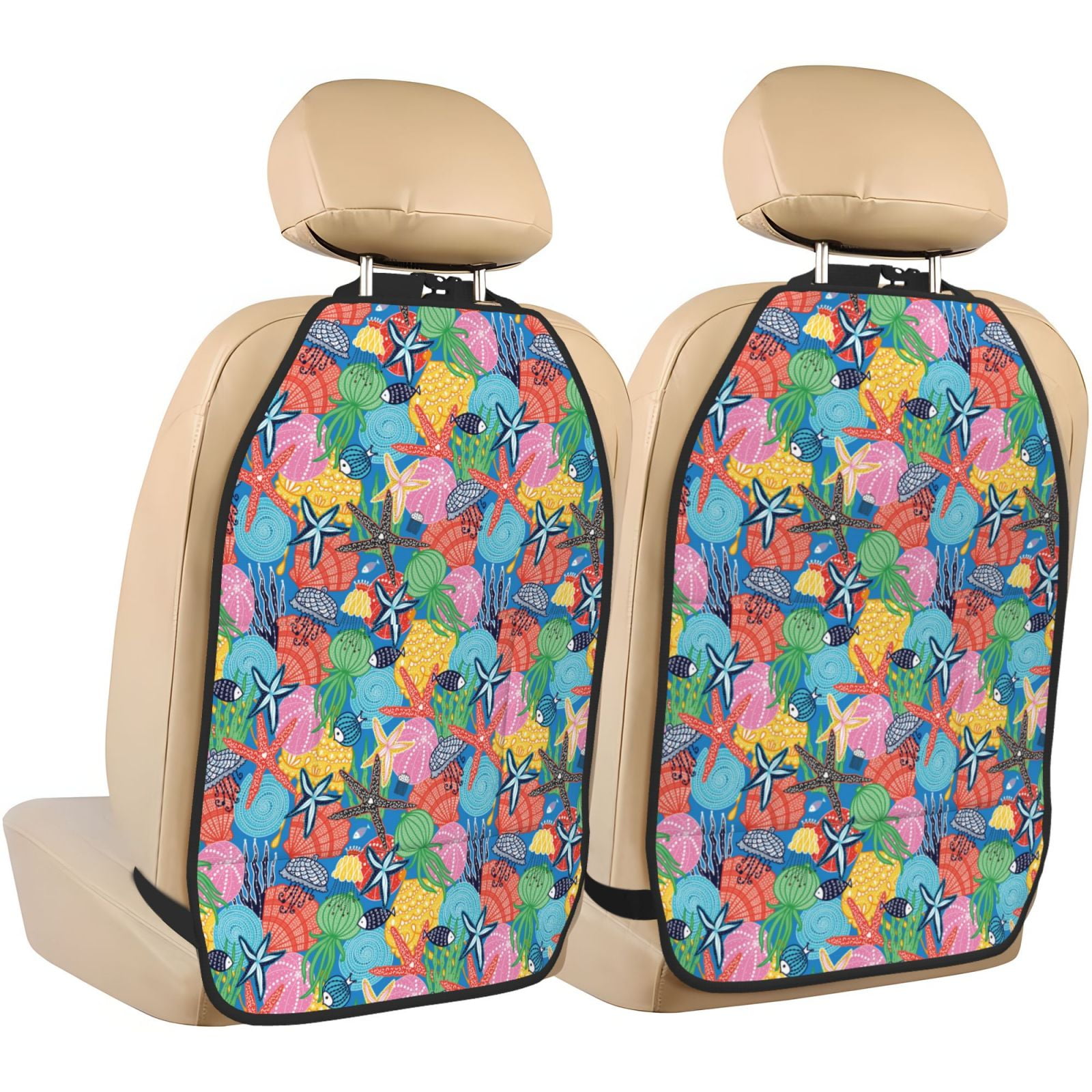 Xecao Starfish And Algae Pattern Car Seat Back Protector 2 Pack Large Capacity Pocket, Kick Mats Back Seat Protector