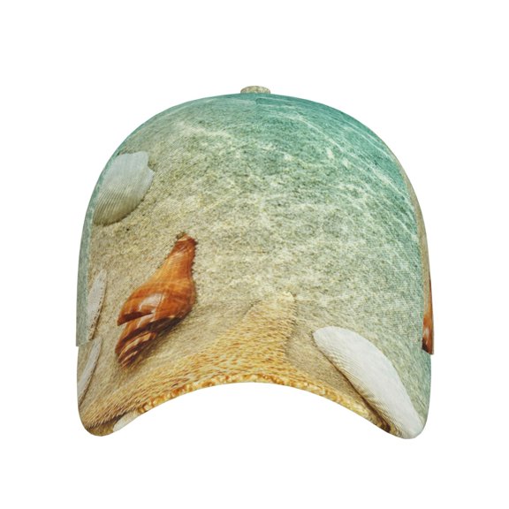 Xecao Starfish And Seashell On The Beach for Baseball Cap: Unisex, crafted from classic polyester twill fabric, featuring a soft unconstructed design