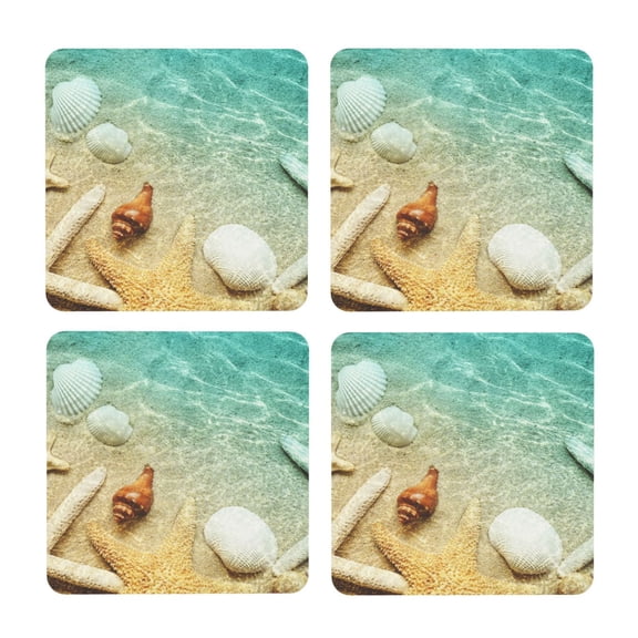 Xecao Starfish And Seashell On The Beach for MDF Cork Coaster 4 Pcs,Drink Coasters,Suit for House Warming Gifts New Home ,Coffee Table Decor-Square
