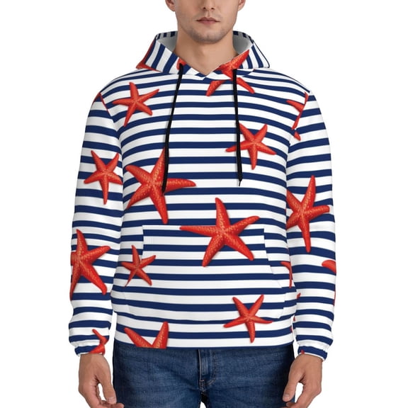 Xecao Starfish Navy Blue Stripe Pattern Men's Adult Pullover Hoodie,Hooded Sweatshirt-Small
