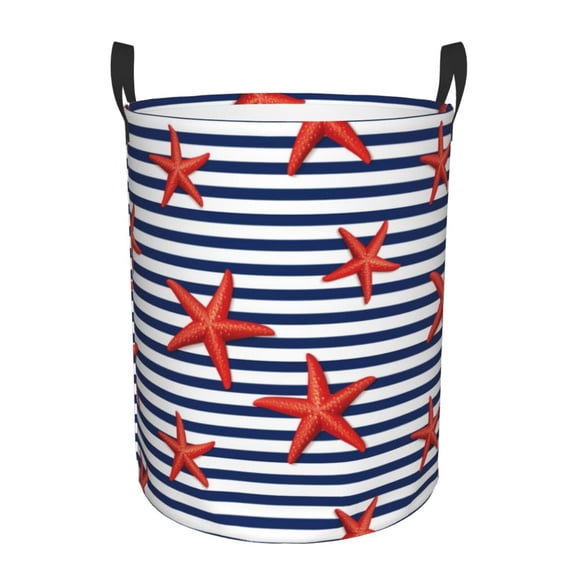 Xecao Starfish Navy Blue Stripe Print Laundry Hamper Basket,designed for Blanket Storage and Nursery Clothes in the Bedroom