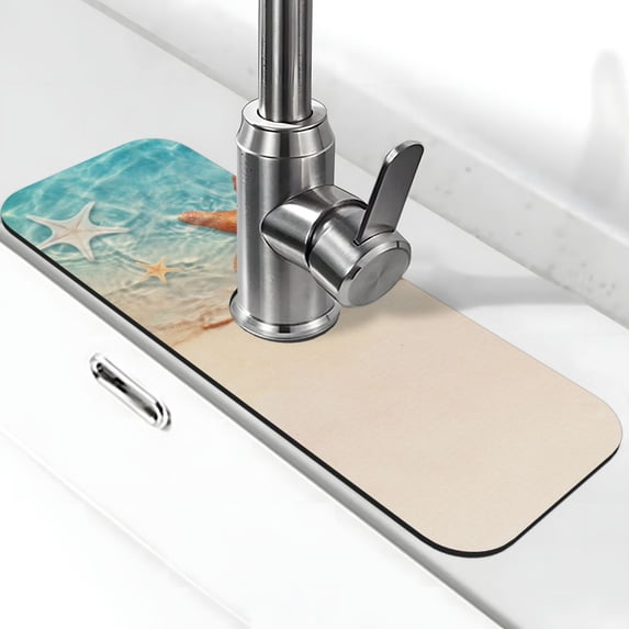 Xecao Starfish On The Sand Beach for Kitchen Sink Splash Guard Faucet Mat , Faucet Guard & Draining mat, (15" X 5.5" )