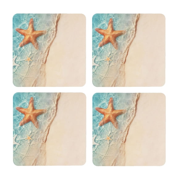 Xecao Starfish On The Sand Beach for MDF Cork Coaster 4 Pcs,Drink Coasters,Suit for House Warming Gifts New Home ,Coffee Table Decor-Square