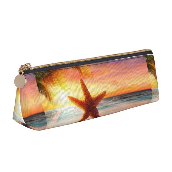 Xecao Starfish Sunset Sea Beach Print Leather Pencil Case -Stationery Bag Pen Holder for Work & Office