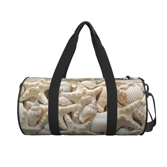 Xecao Starfish and Sea Shells print Round Travel Duffel Bag is a foldable gym bag with an inner pocket, perfect for travel sports