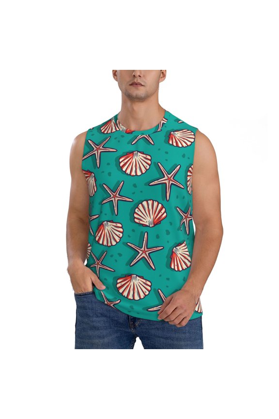Starfish and Shell Print Men's Tank Top: Sleek Sleeveless Tee for Casual Sports and Beach Occasions-Small