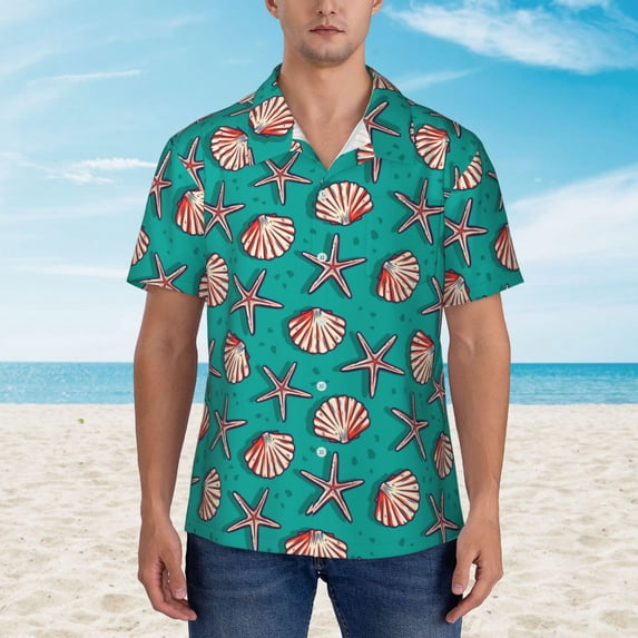 Xecao Starfish and Shell print Hawaiian shirt - a stylish short-sleeve button-down for men, perfect for casual beach and tropical outings.
