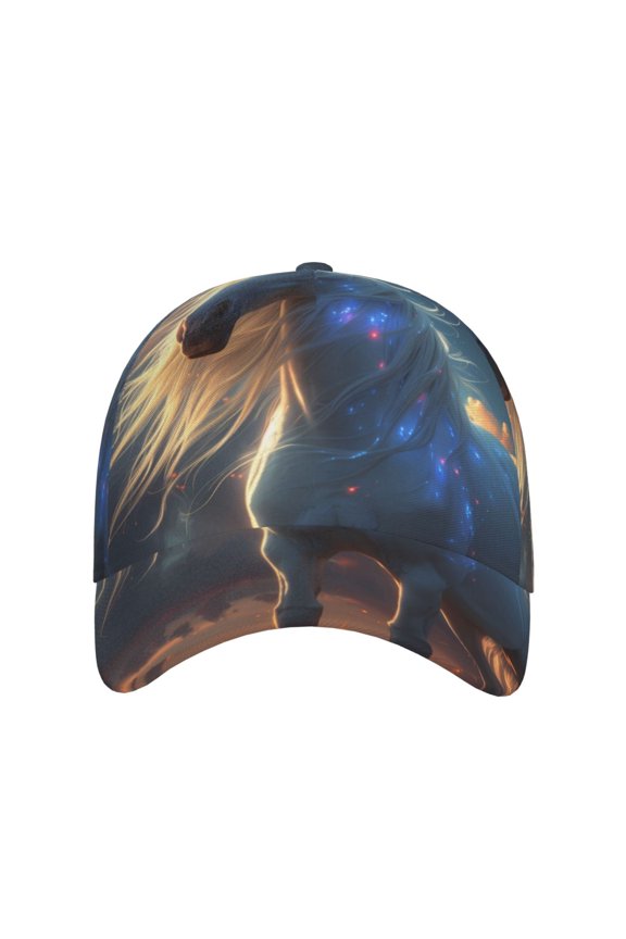 Starry Light White Horse for Baseball Cap: Unisex, crafted from classic polyester twill fabric, featuring a soft unconstructed design