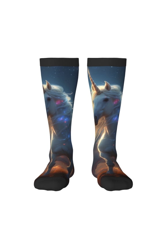 Starry Light White Horse print thigh-high socks, crafted for both men and women with a stretchy, high-opaque design perfect for daily wear