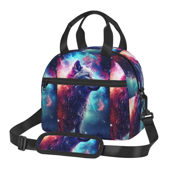 Xecao Starry Multicolored Wolf Print Insulated Lunch Box, Lunch Cags Lunch Bag Featuring An Adjustable Shoulder Strap