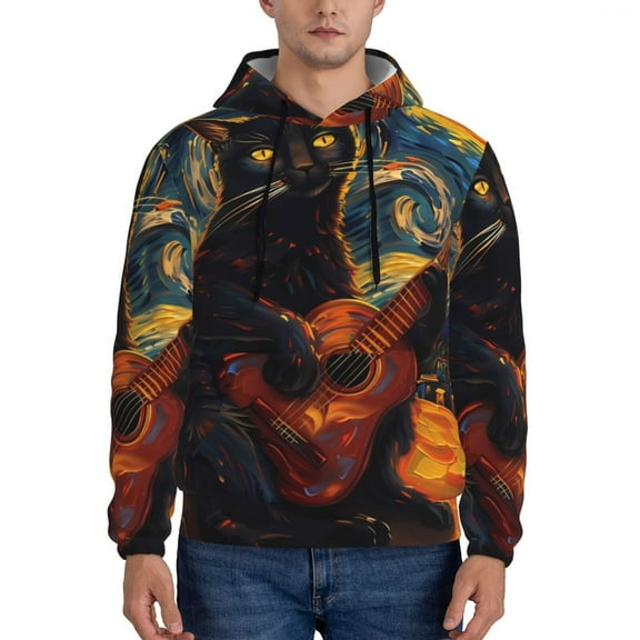 Xecao Starry Night Cat Guitarist Pattern Men's Adult Pullover Hoodie,Hooded Sweatshirt-3X-Large