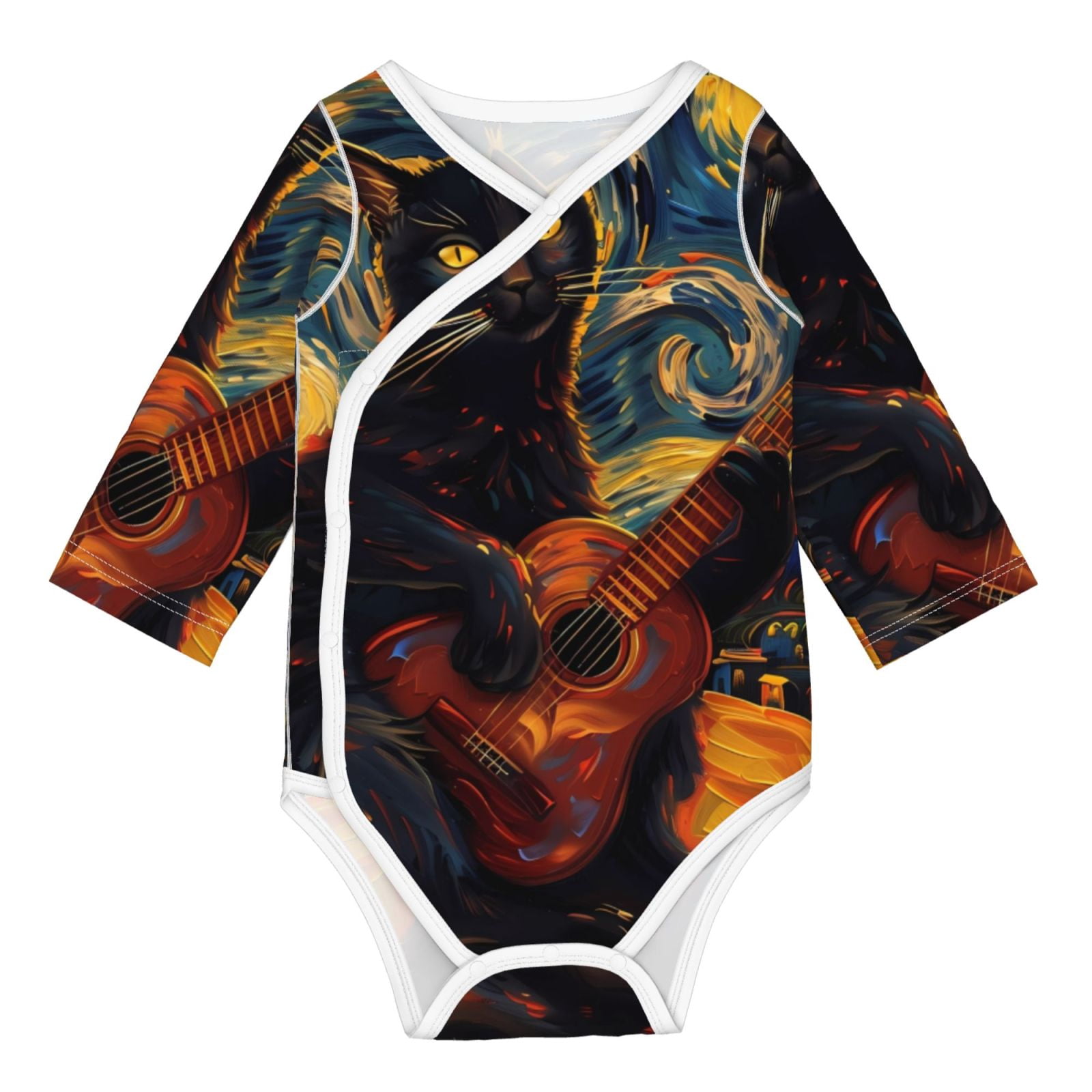 Xecao Starry Night Cat Guitarist Print Baby unisex-baby Cotton Long-sleeve Bodysuits-3 Months