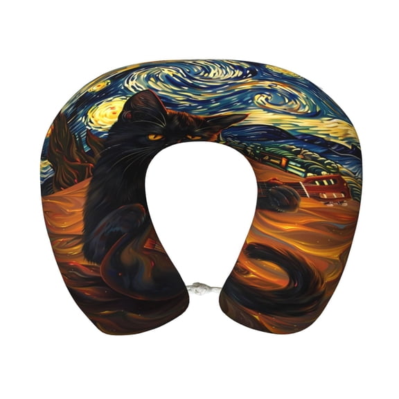Xecao Starry Night Cat Guitarist A Print Memory Foam Cervical Neck Pillow Versatile U-Shaped Pillows for Home,Office,Camping,Travelling,Soft Washable Cover