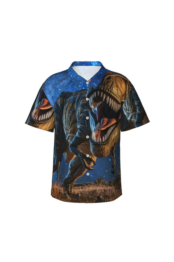 Starry Night Charging Dinosaur Print Hawaiian shirt - A Stylish Short-Sleeve Button-Down for Men, Perfect for Casual Beach and Tropical Outings.,XX-Large
