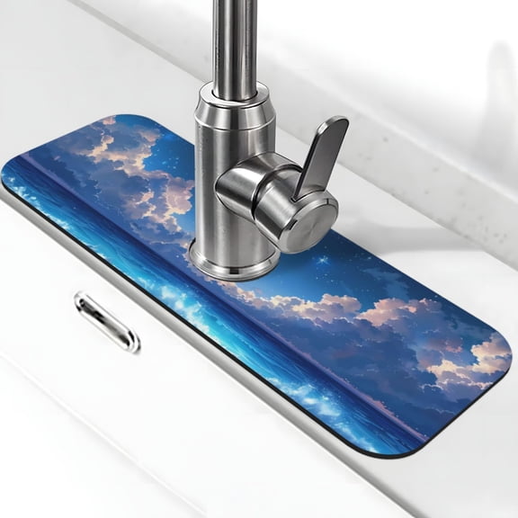 Xecao Starry Night Ocean View for Kitchen Sink Splash Guard Faucet Mat , Faucet Guard & Draining mat, (15" X 5.5" )
