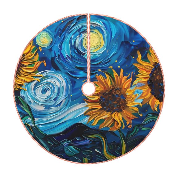 Xecao Starry Night Sunflower Field Pattern Christmas Tree Skirt Round Xmas Tree Mat Base Cover for Holiday Home Decorations-30"