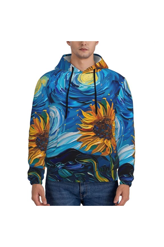 Starry Night Sunflower Field Pattern Men's Adult Pullover Hoodie,Hooded Sweatshirt-Large