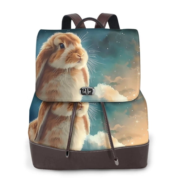 Xecao Starry Sky Cloud Cute Rabbit Print Large Backpack Soft Leather for Women Travel with Compartment, Adjustable Convertible Strap