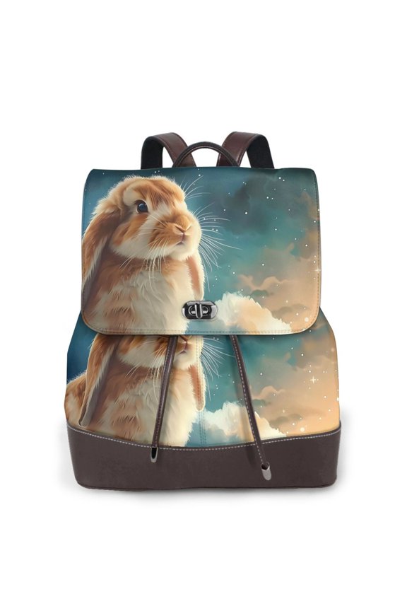 Starry Sky Cloud Cute Rabbit Print Large Backpack Soft Leather for Women Travel with Compartment, Adjustable Convertible Strap