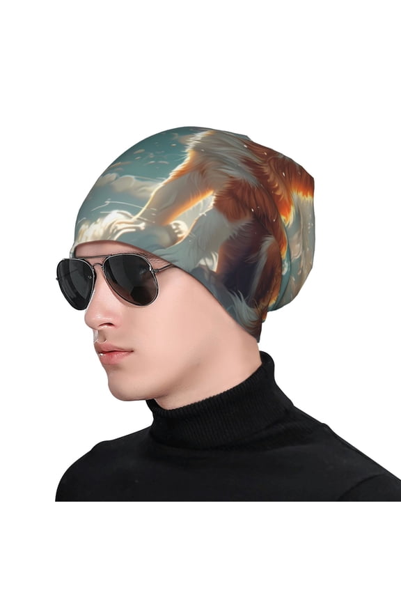 Starry Sky Cloud Fox Print Beanie Knitted Hat for Men Women, Winter Fashion Knit Cuffed Caps Unisex