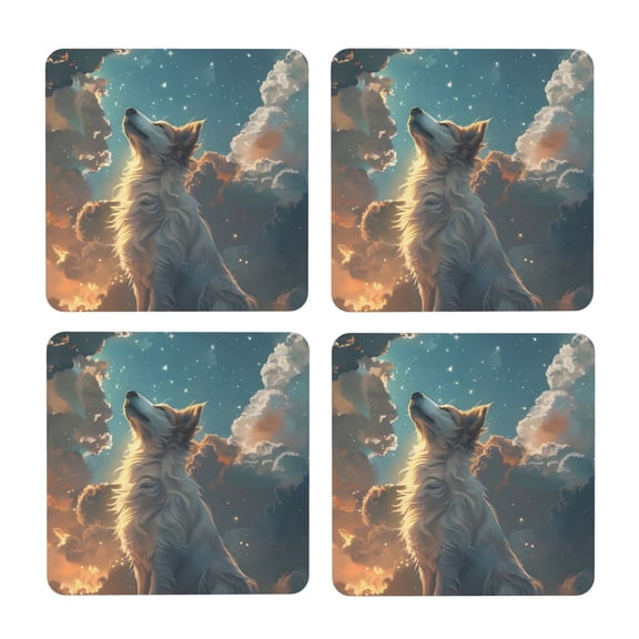 Xecao Starry Sky Cloud Wolf for MDF Cork Coaster 4 Pcs,Drink Coasters,Suit for House Warming Gifts New Home ,Coffee Table Decor-Square
