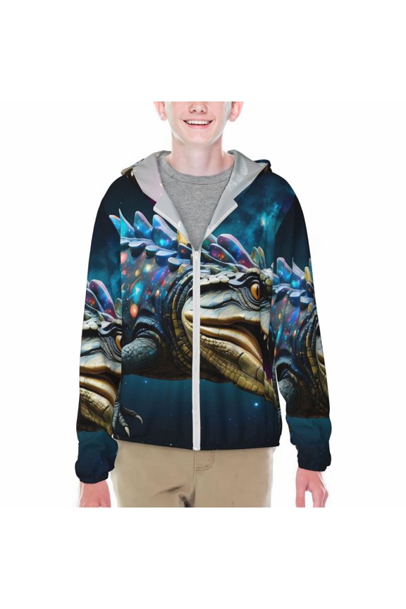Starry Sky Colorful Crocodile Print Fishing Shirts for teenager Long Sleeve UV Sun Protection Hoodie with Zipper Outdoor Hiking Shirts-Large