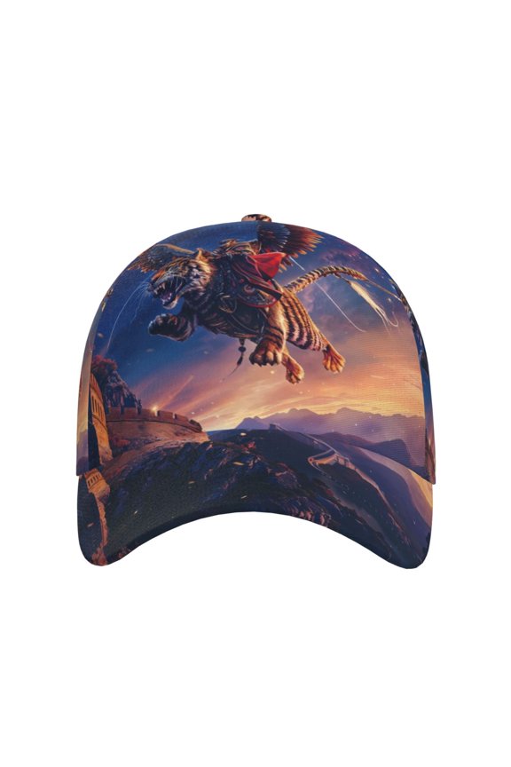 Starry Sky Flying Tiger for Baseball Cap: Unisex, crafted from classic polyester twill fabric, featuring a soft unconstructed design