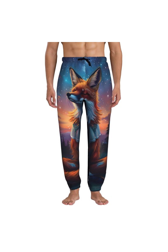 Starry Sky Meditating Fox Print Active Tech Joggers for Men, Mens Sweatpants Lounge Pants with Pockets-XX-Large