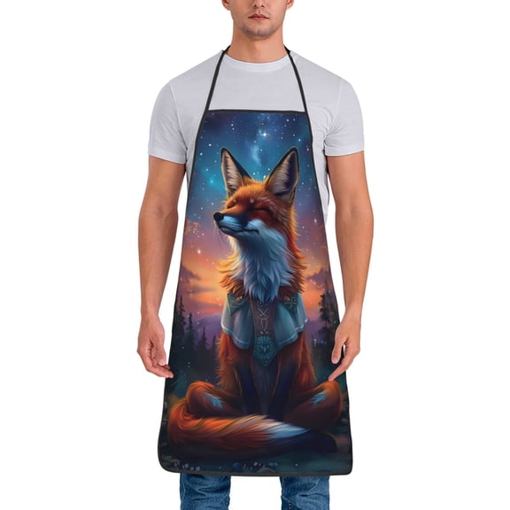 Xecao Starry Sky Meditating Fox Print Funny BBQ Chef Aprons for Men Women,Adjustable Kitchen Cooking Aprons with Pocket Waterproof Oil Proof No Pilling Fading