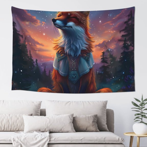 Xecao Starry Sky Meditating Fox Print Tapestry, Wall Hanging Room Funny Decor, Backdrop Room Decor for Bedroom Living Room dormitory