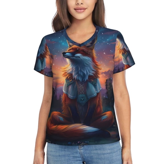Xecao Starry Sky Meditating Fox for Women's V-Neck T-Shirts-Elegant Half-Sleeve Tops Perfect for Summer-Large