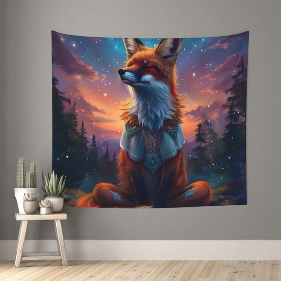 Xecao Starry Sky Meditating Fox patten Tapestry 60x51 Inches Wall Hanging Poster Tapestry for Living Room Bedroom Home Decor