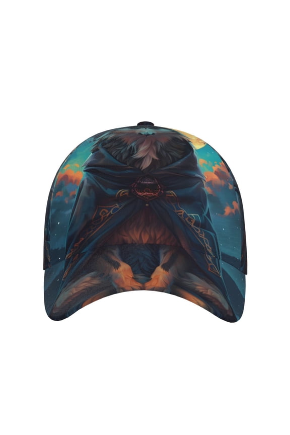 Starry Sky Moon Wolf Leader for Baseball Cap: Unisex, crafted from classic polyester twill fabric, featuring a soft unconstructed design