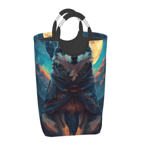 Xecao Starry Sky Moon Wolf Leader for Laundry Basket,Collapsible Large Laundry Hamper,Wash Bag for Laundry Room, Rolling Laundry Basket with Handles