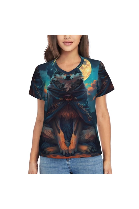 Starry Sky Moon Wolf Leader for Women's V-Neck T-Shirts-Elegant Half-Sleeve Tops Perfect for Summer-Small
