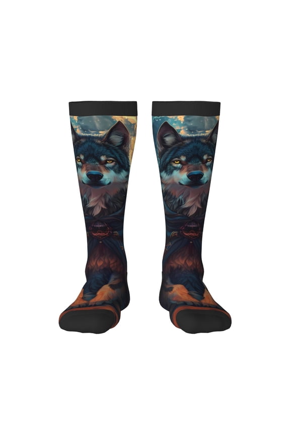 Starry Sky Moon Wolf Leader print thigh-high socks, crafted for both men and women with a stretchy, high-opaque design perfect for daily wear