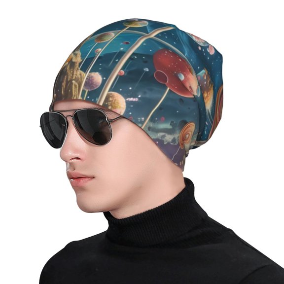 Xecao Starry Sky Planet Lollipop Print Beanie Knitted Hat for Men Women, Winter Fashion Knit Cuffed Caps Unisex