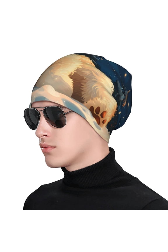 Starry Sky Sleep White Bear Print Beanie Knitted Hat for Men Women, Winter Fashion Knit Cuffed Caps Unisex