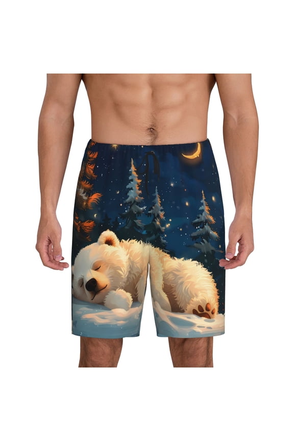 Starry Sky Sleep White Bear Print Men's Sleepwear Shorts Pajama Bottom Lounge Short nightwear with Convenient Pockets for Relaxed Home Wear-