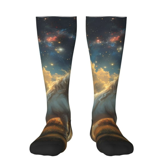 Xecao Starry Sky White Horse print thigh-high socks, crafted for both men and women with a stretchy, high-opaque design perfect for daily wear